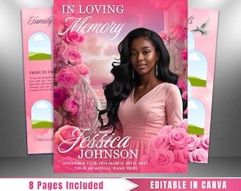 Pink Roses Funeral Program Template: 8-Page Celebration of Life (Canva, PDF Download)