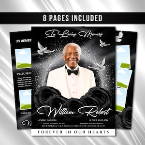 Black Roses Funeral Program Template: 8-Page Memorial, Celebration of Life (Canva Template, PDF Download)
