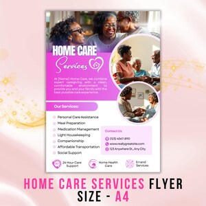 K&ouml;nnte beinhalten: Flyer f&uuml;r Home Care Services mit rosa und wei&szlig;em Design. Der Flyer zeigt Bilder von Senioren und listet Dienstleistungen wie pers&ouml;nliche Pflege, Essenszubereitung und Gesellschaft auf. Kontaktinformationen sind ebenfalls enthalten.