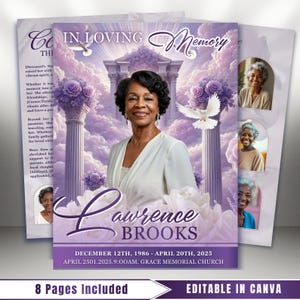 Pode incluir: Um programa de serviço memorial com um retrato de uma mulher sorrindo, em um cenário de céu nublado, colunas e flores. O programa inclui o nome "Lawrence Brooks" e as datas.