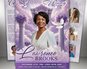 Purple Roses Funeral Program Template: 8-Page Memorial, Celebration of Life (Canva, PDF Download)