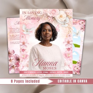 Puede incluir: Diseño de tarjeta conmemorativa con un retrato de Hanna Moses, adornado con flores y palomas. La tarjeta incluye fechas, el texto "In Loving Memory" y la frase "8 Pages Included."