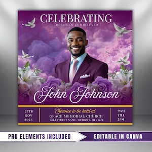 Op de afbeelding: Een herdenkingsaankondiging met een paars en goud kleurenschema. De aankondiging toont een man in een pak, duiven, bloemen en de tekst "CELEBRATING THE LIFE OF OUR BELOVED" en "John Johnson". Extra tekst bevat service details.