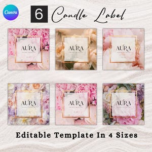 Puede incluir: Seis diseños de etiquetas de velas con fondos florales en tonos rosa, blanco y morado. Cada etiqueta tiene un marco cuadrado dorado con la palabra "AURA" y el texto "THE SCENT THAT FOLLOWS". El texto "Editable Template In 4 Sizes" está en la parte inferior.
