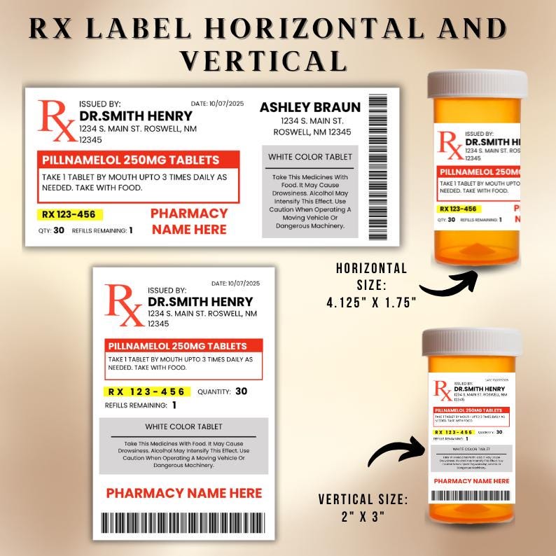 Modelo de rótulo de prescrição editável: rótulo personalizado para frasco de comprimidos (download digital do Canva)