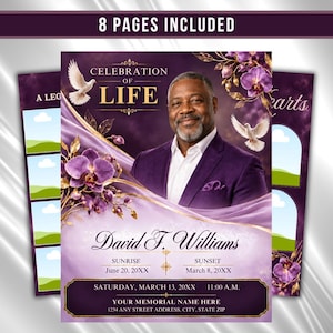 May include: A funeral program template titled Celebration of Life featuring a portrait of a man in a purple suit, purple orchids, and white doves. The design includes placeholders for photos, the name David F. Williams, and event details.