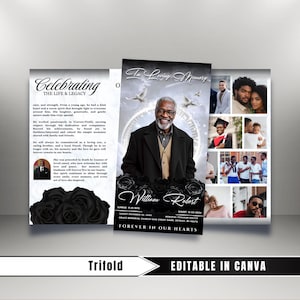 May include: A trifold memorial program featuring a portrait of a man in a black coat, surrounded by black roses and family photos. The design includes the text "In Loving Memory" and "Forever in Our Hearts."