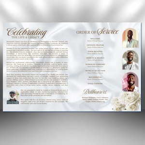 May include: A memorial service program with a soft, blurred background. The design features elegant script and portraits of individuals. The text includes details about the service, such as the order of service, readings, and the names of the pallbearers.
