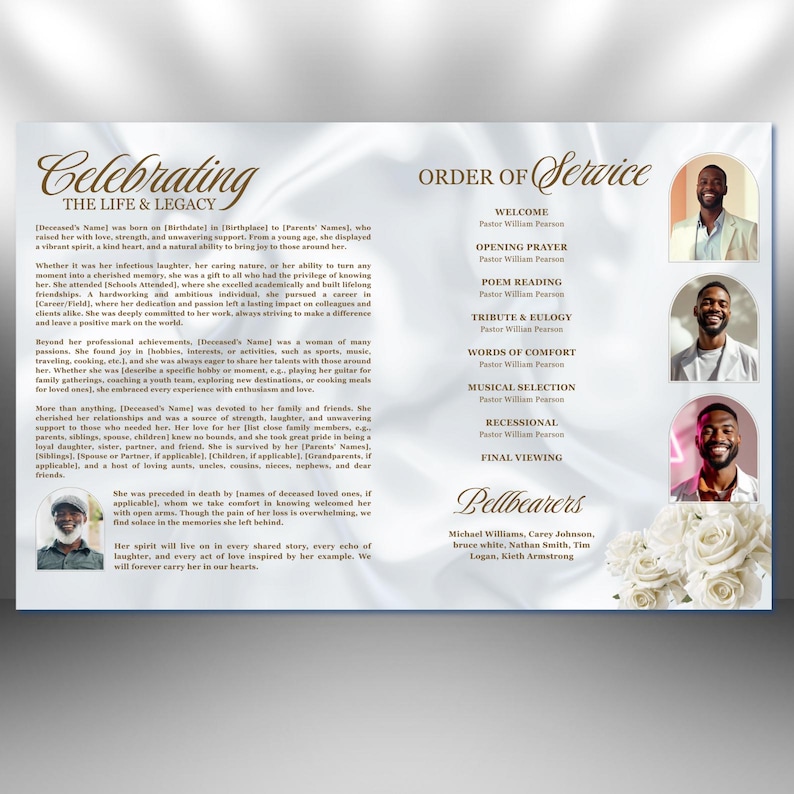May include: A memorial service program with a soft, blurred background. The design features elegant script and portraits of individuals. The text includes details about the service, such as the order of service, readings, and the names of the pallbearers.