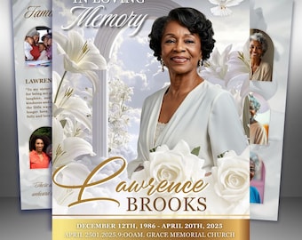 White Roses Funeral Program Template: 8-Page Memorial, Celebration of Life (Canva, PDF Download)