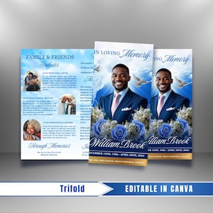 Może przedstawiać: Trójstronna karta pamiątkowa z niebiesko-białym tłem nieba. Karta zawiera zdjęcie mężczyzny w garniturze, niebieskie róże oraz tekst „In Loving Memory” i „William Brook”. Karta jest edytowalna w Canva.