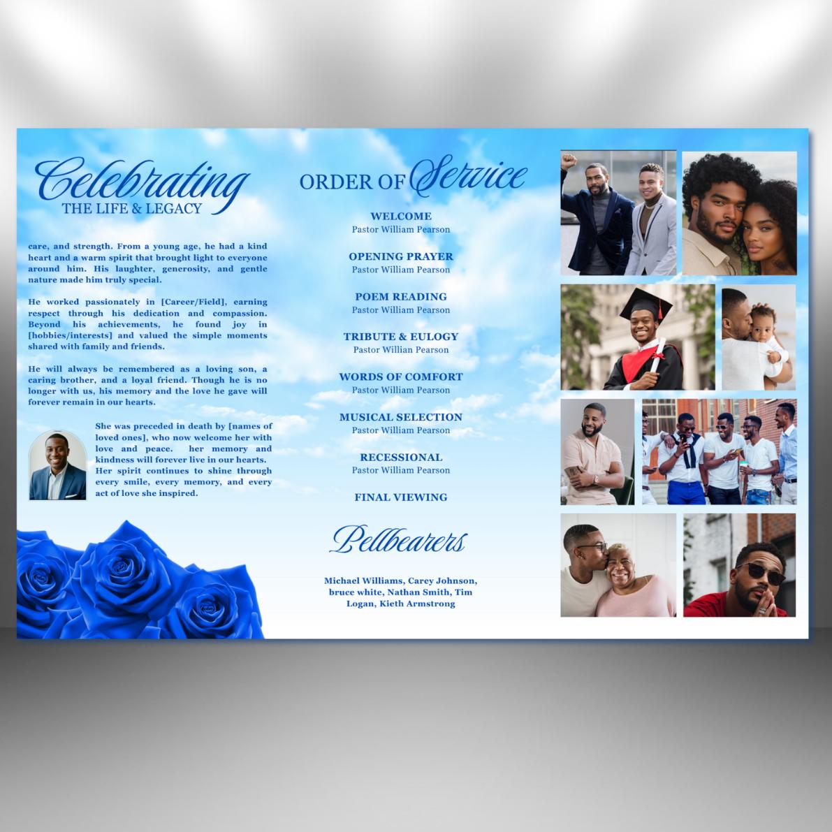 Blue Roses Funeral Program: Trifold Memorial Template (17x11 Canva ...