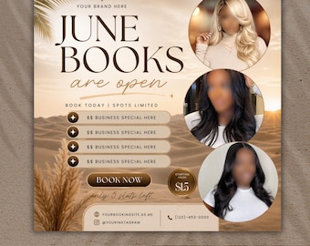 Juni Buchung Flyer, Juni Bücher offen, Sommer, Haare, Nägel, Wimpern, Makeup, Termin (Canva Template)