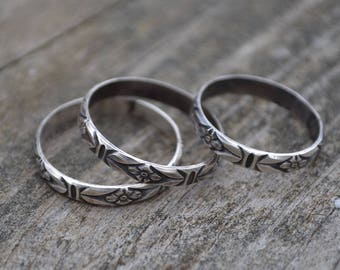 STACK three rings Sterling Silver Floral Ring Hammered, Textured,  Stacking Ring, Wedding Band