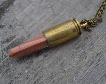 Bullet Necklace Red Malachite Crystal Recycled Brass 9mm
