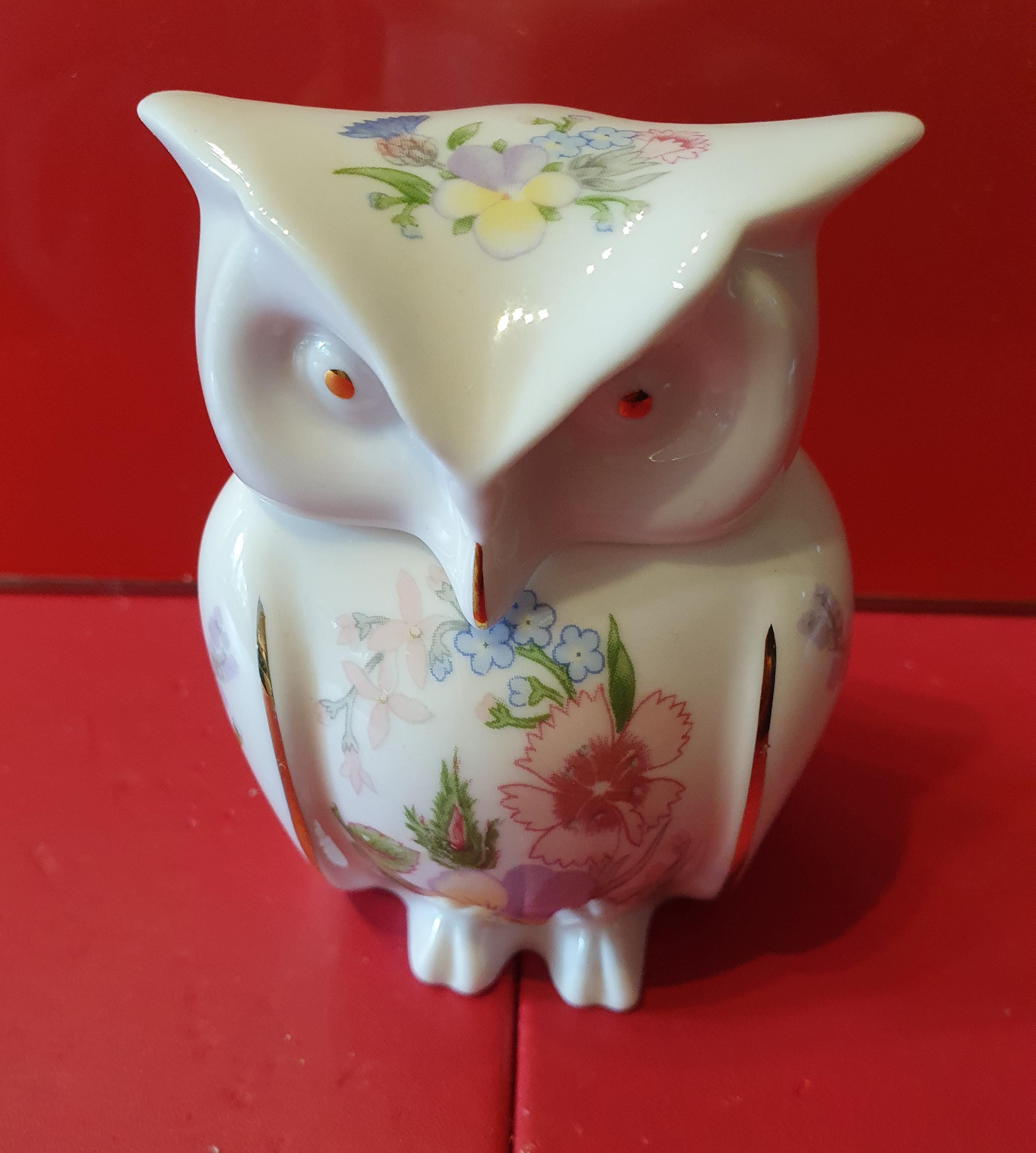 Aynsley Animals, 'Owl 3.25" high - Standing' Trinket box, Wild Tudor pattern Gloss, 3.2