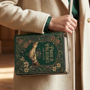 Op de afbeelding: Een rechthoekige crossbodytas met het omslagontwerp van "Pride & Prejudice" van Jane Austen. De tas is groen en goud, met bloemen- en handillustraties. De persoon draagt een crèmekleurige jas en een donkergroene blouse. De tas heeft een lange riem.