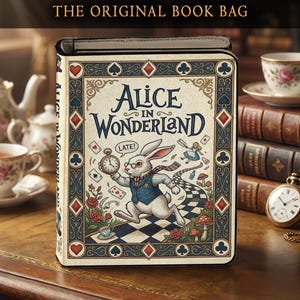Borsa a forma di libro ispirata ad Alice nel Paese delle Meraviglie, borsetta stravagante con il Coniglio Bianco, borsetta fantasy in stile cottagecore