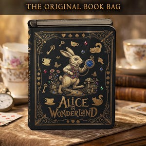 Borsa a forma di libro ispirata ad Alice nel Paese delle Meraviglie, borsa a tracolla fantasy dark, borsetta con il Coniglio Bianco