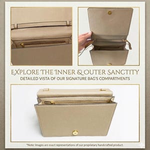 May include: Detailed views of a beige handbag, showcasing its compartments and interior design. The image includes text that reads "EXPLORE THE INNER & OUTER SANCTITY DETAILED VISTA OF OUR SIGNATURE BAG'S COMPARTMENTS."