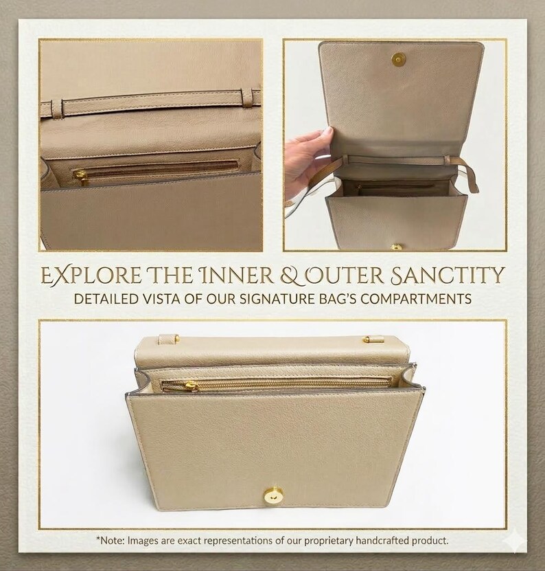 May include: Detailed views of a beige handbag, showcasing its compartments and interior design. The image includes text that reads "EXPLORE THE INNER & OUTER SANCTITY DETAILED VISTA OF OUR SIGNATURE BAG'S COMPARTMENTS."