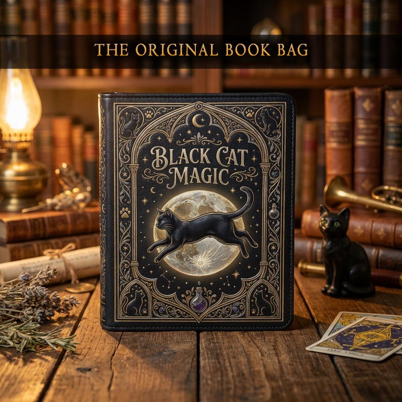 Black Cat Magic Book Purse, Celestial Moon Handbag, Gothic Witchy Tote, Book Bag image 1