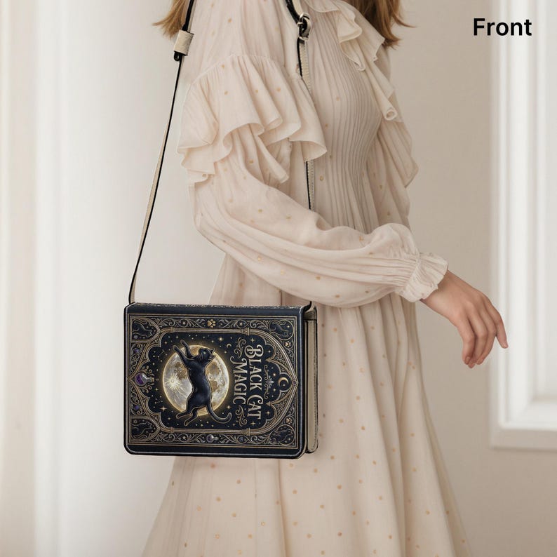 Black Cat Magic Book Purse, Celestial Moon Handbag, Gothic Witchy Tote, Book Bag image 6