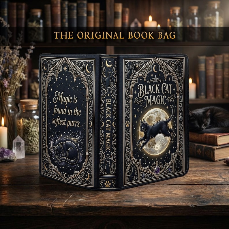 May include: A black book bag with gold accents and the text "THE ORIGINAL BOOK BAG". The bag features a design with a black cat, moon, and stars, with the words "Black Cat Magic" and "Magic is found in the softest purrs."