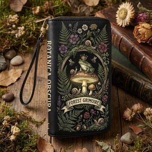 May include: Black wallet with a whimsical forest design. The front features a frog on a mushroom, surrounded by snails, bees, and flowers. The text "BOTANICA OBSCURA" is printed vertically on the side, and "FOREST GRIMOIRE" is on a banner.