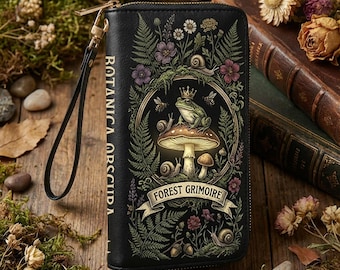 森の魔術書ウォレット、魔女風ボタニカルクラッチ、キノコとカエルの財布、自然魔法リストレット