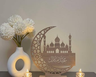 Decoración de madera con forma de media luna para Eid / Decoración islámica para Ramadán Kareem