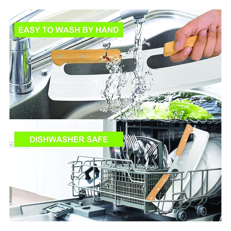 Może przedstawiać: N&oacute;ż kuchenny ze stali nierdzewnej i drewnianą rączką myty pod kranem. Tekst "EASY TO WASH BY HAND" znajduje się w zielonym polu nad nożem. Tekst "DISHWASHER SAFE" znajduje się w zielonym polu poniżej.