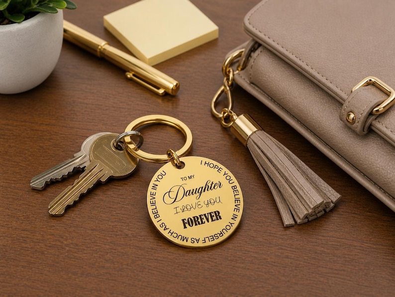 Gold round engraved keychain attached to a set of keys on a wooden desk, reading “To my Daughter I love you forever,” with a circular message around the edge. Nearby are a beige purse with a tassel, a gold pen, sticky notes, and a small potted plant.