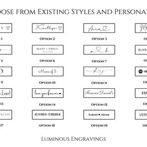 Image showcasing various personalization options for engraving. Text examples include names like "Ashley" and "Kaitlyn", dates, initials, and phrases such as "Best Mom Ever!" and "love you forever".