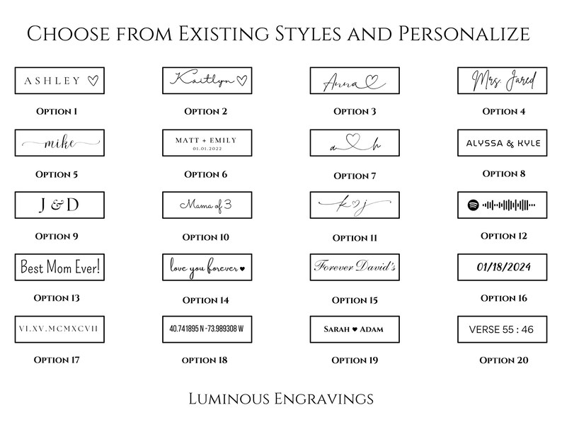 Image showcasing various personalization options for engraving. Text examples include names like "Ashley" and "Kaitlyn", dates, initials, and phrases such as "Best Mom Ever!" and "love you forever".