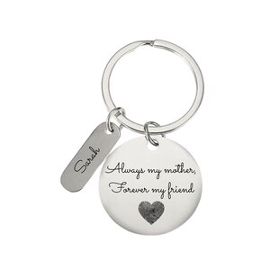 Personalized silver keychain for mom with engraved message “Always my mother, forever my friend,” custom name tag, and fingerprint heart design on a clean white background.