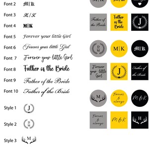 Puede incluir: Gr&aacute;fico que muestra varios estilos de fuente y opciones de dise&ntilde;o. El texto incluye frases como "Forever your little Girl" y "Father of the Bride". La imagen presenta dise&ntilde;os circulares y cuadrados con iniciales y elementos decorativos.