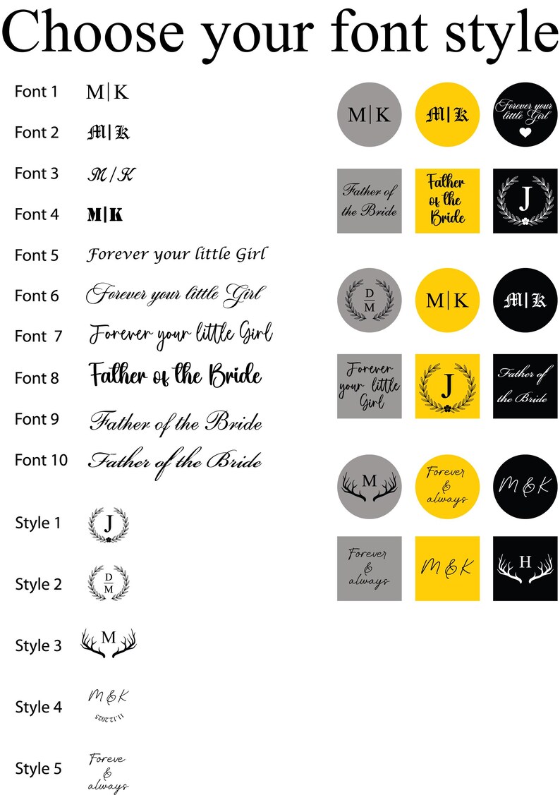 Puede incluir: Gr&aacute;fico que muestra varios estilos de fuente y opciones de dise&ntilde;o. El texto incluye frases como "Forever your little Girl" y "Father of the Bride". La imagen presenta dise&ntilde;os circulares y cuadrados con iniciales y elementos decorativos.