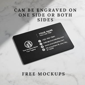 Black engraved metal business card showing contact details with option for single or double-sided engraving.