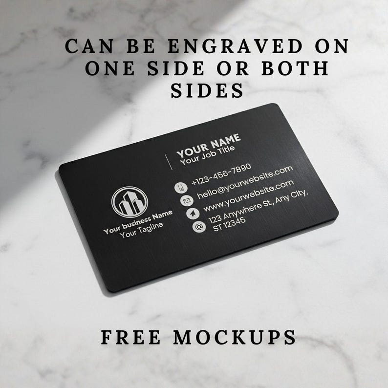 Black engraved metal business card showing contact details with option for single or double-sided engraving.