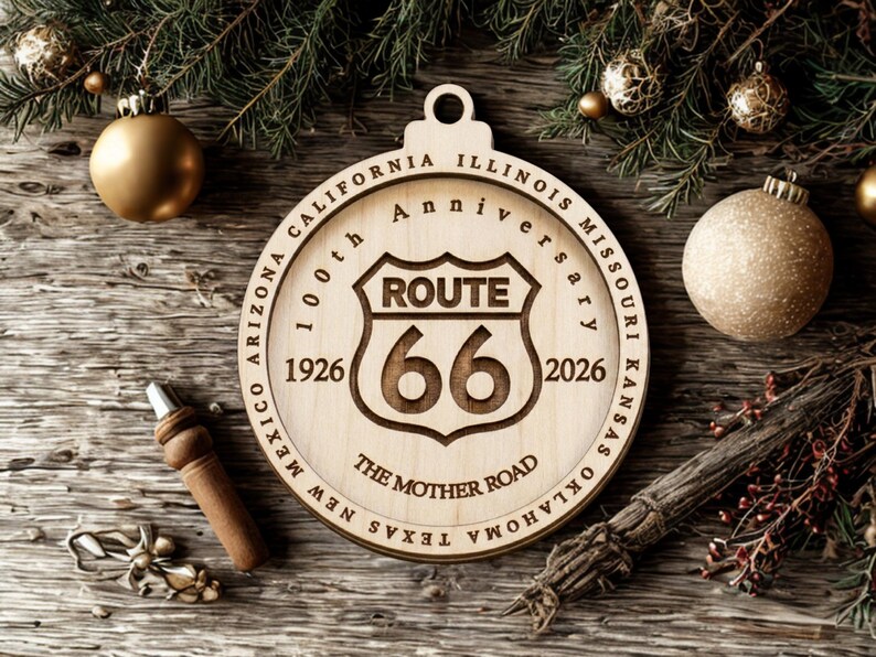 Lasergegraveerd Route 66-ornament | 100e verjaardag | De moederweg aandenken | Roadtripcadeaus afbeelding 5