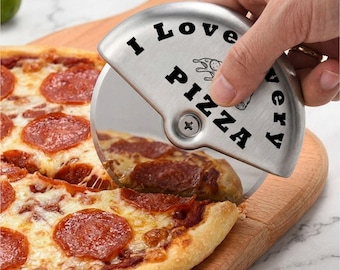 Cortador de pizza de acero inoxidable personalizado con grabado de nombre, frases divertidas, regalo para amantes de la pizza.
