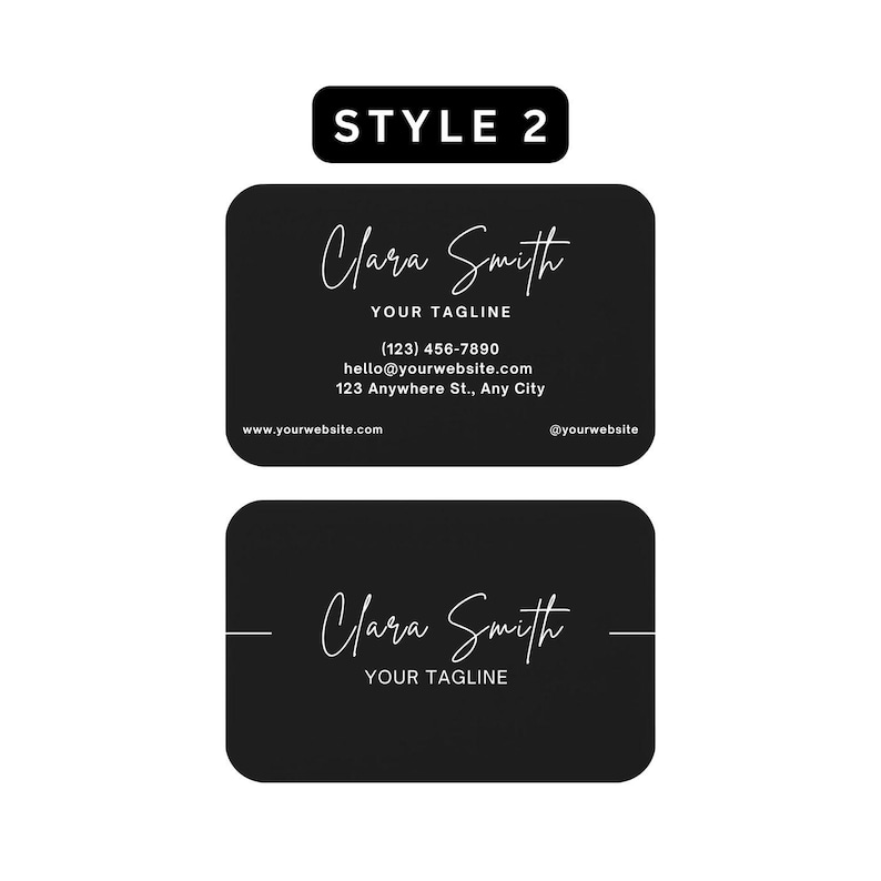Style 2 metal business card template featuring script name design with contact details and minimal layout.
