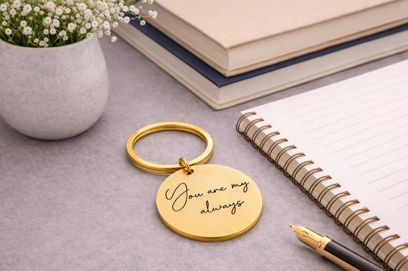 Gold round engraved keychain displayed on a desk beside a spiral notebook, fountain pen, stacked books, and a vase of white flowers. The keychain features the handwritten message “You are my always” engraved on a brushed gold metal pendant. Soft natural lighting and elegant desk décor create a warm, sentimental gift presentation suitable for anniversaries, weddings, or loved ones.