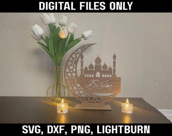 Decoración de luna creciente de Ramadán SVG / Dos archivos digitales de mezquita islámica / Listo para Lightburn/Glowforge