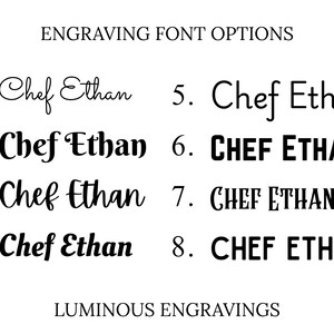 Image showcasing eight engraving font options for the name "Chef Ethan." The fonts range from elegant scripts to bold, block letters. The text "ENGRAVING FONT OPTIONS" and "LUMINOUS ENGRAVINGS" are also displayed.