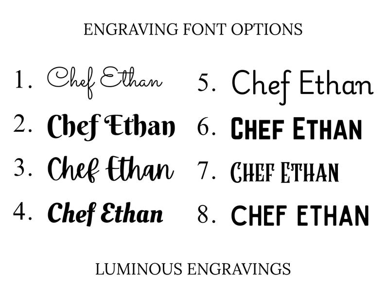 Image showcasing eight engraving font options for the name "Chef Ethan." The fonts range from elegant scripts to bold, block letters. The text "ENGRAVING FONT OPTIONS" and "LUMINOUS ENGRAVINGS" are also displayed.