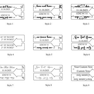 A collection of personalized keychains with various designs and text. Styles include phrases like "Our First Home," "Home Sweet Home," and custom text options. Each keychain features a date, and some include initials or coordinates.