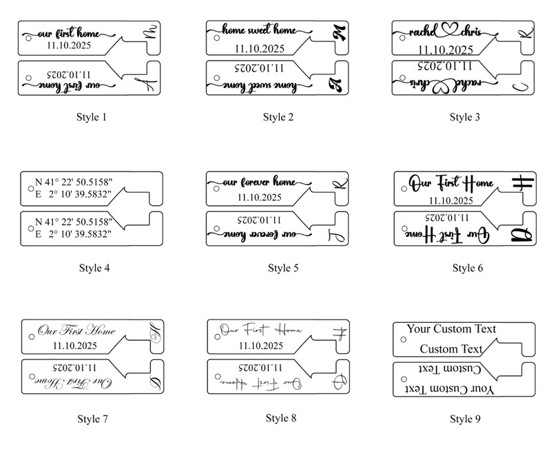 A collection of personalized keychains with various designs and text. Styles include phrases like "Our First Home," "Home Sweet Home," and custom text options. Each keychain features a date, and some include initials or coordinates.