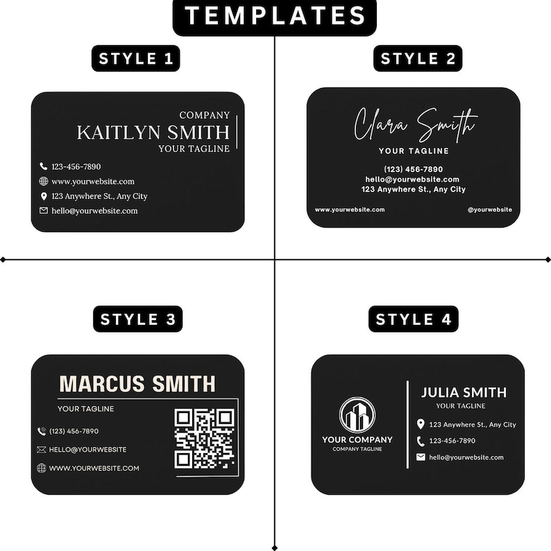 Four business card design templates labeled style 1, style 2, style 3, and style 4 with different layout options.